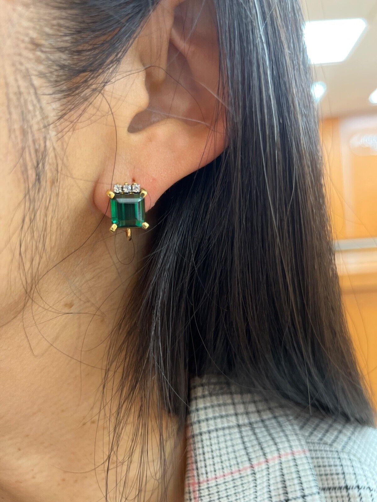 Vintage 18K Gold Green Tourmaline and Diamond Earrings.