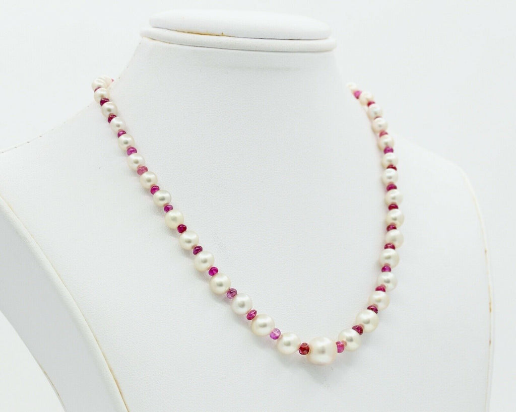 GIA Natural Pearls Rubies 18K White Yellow Gold Necklace