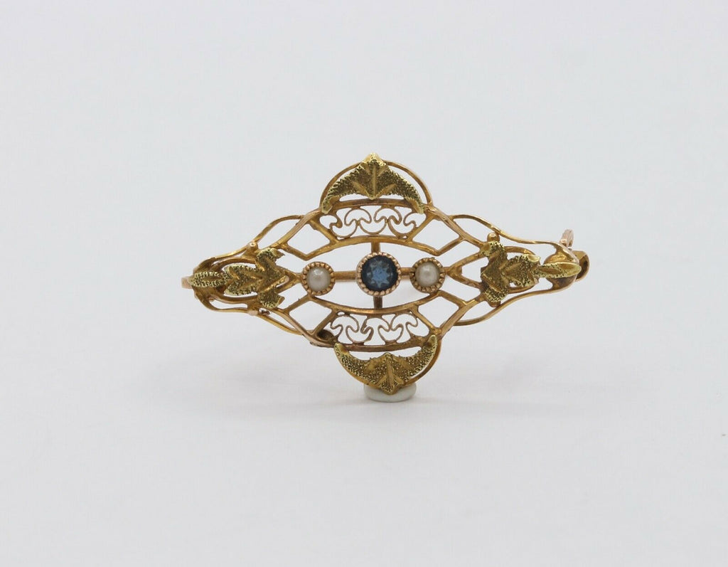 Art Nouveau 10K Yellow Gold Sapphire Pearl Brooch