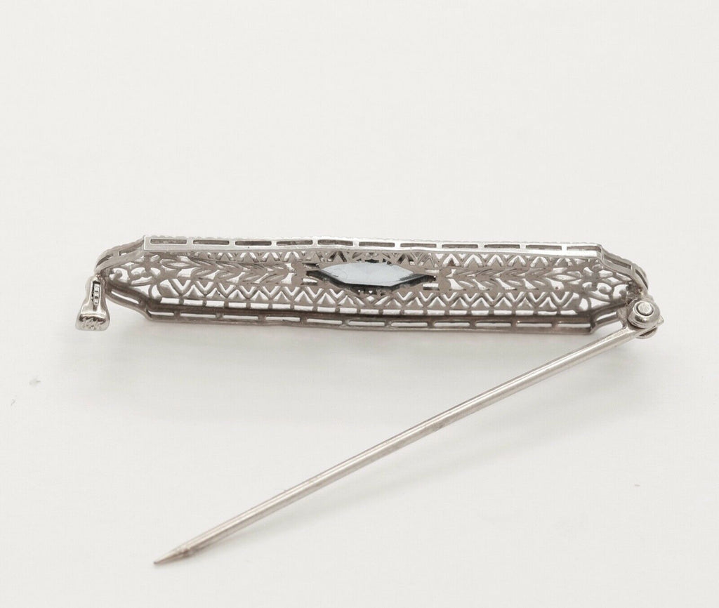 Art Deco Blue Sapphire 14K White Gold Filagree Bar Brooch Pin