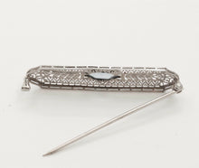 Load image into Gallery viewer, Art Deco Blue Sapphire 14K White Gold Filagree Bar Brooch Pin
