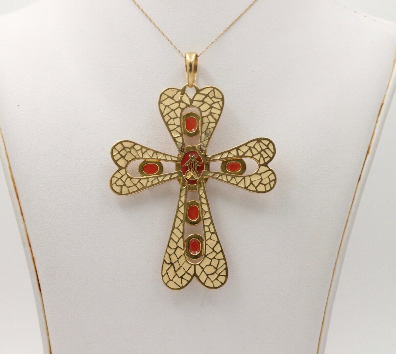 Vintage Italian Large 18K Yellow Gold Coral White Enamel Cross Pendant, Necklace