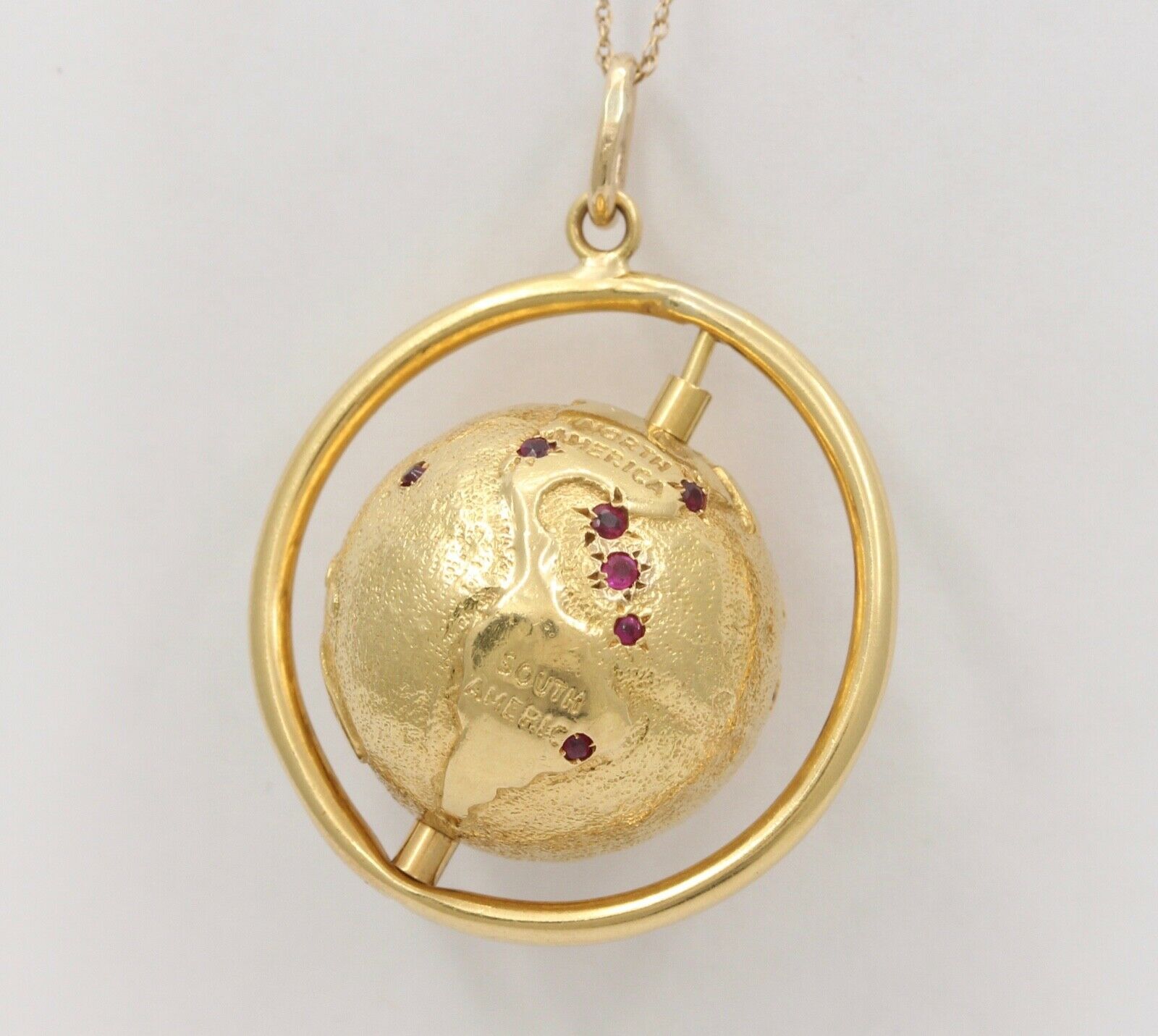 Vintage Spinning Globe Rubies 14K Yellow Gold Pendant Charm