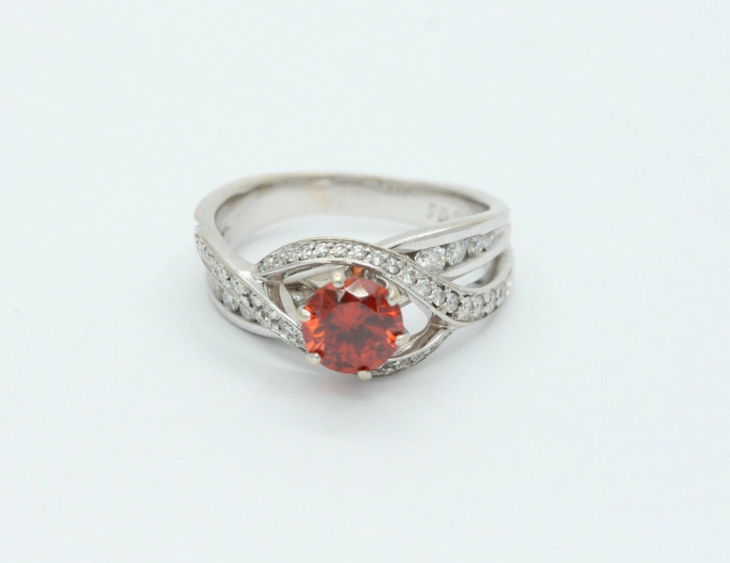 Vintage Ladies Spessartite Garnet Diamonds 18K White Gold Ring
