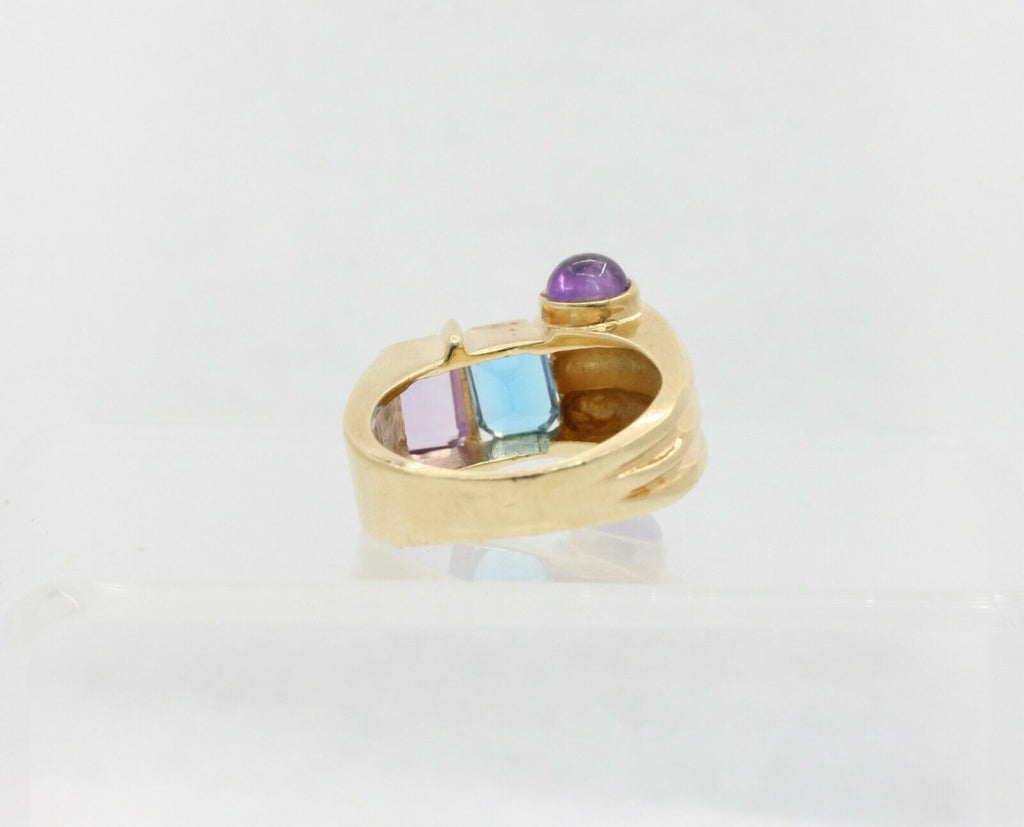 Vintage 14K Yellow Gold Abstract Scroll Blue Topaz & Amethyst Ring