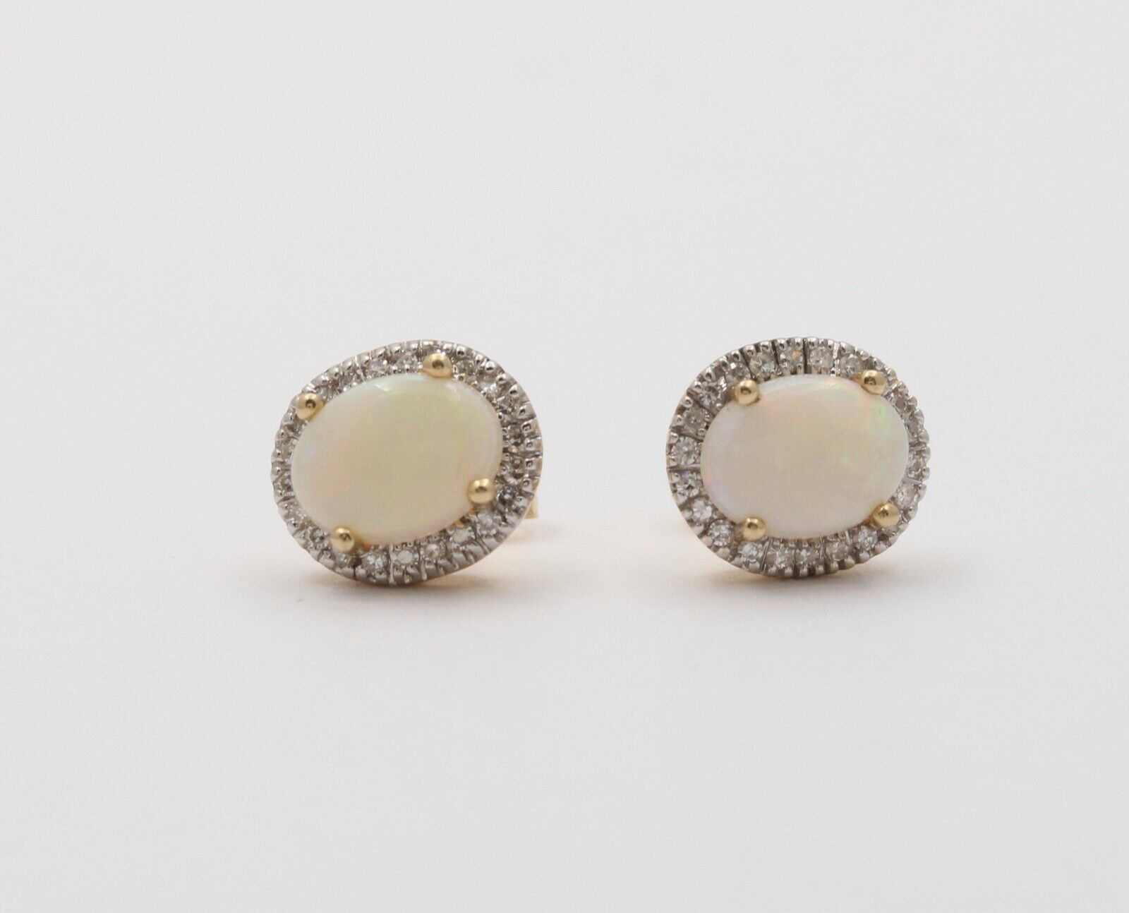 Vintage Estate 14K Yellow Gold Opal With Diamond Halo Stud Earrings.