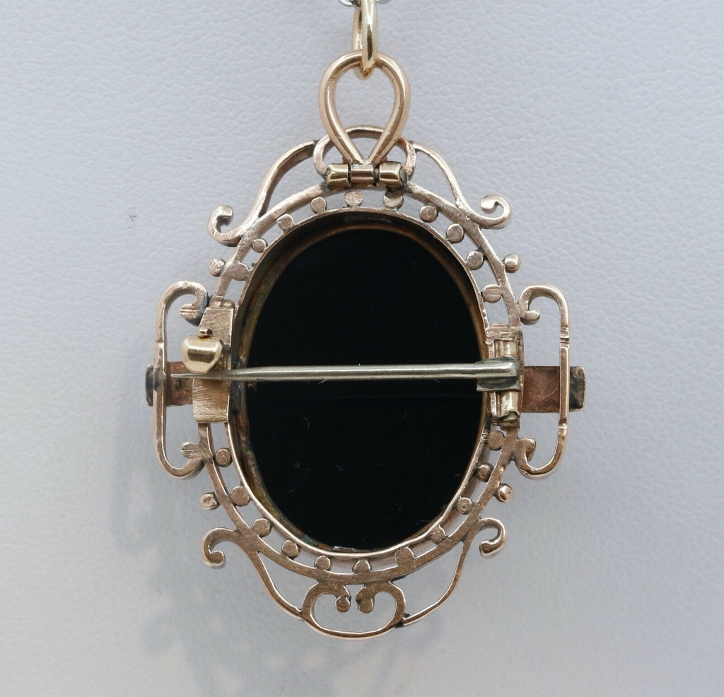 Victorian Cameo 14K Rose Gold Onyx Brooch Pendant Pin