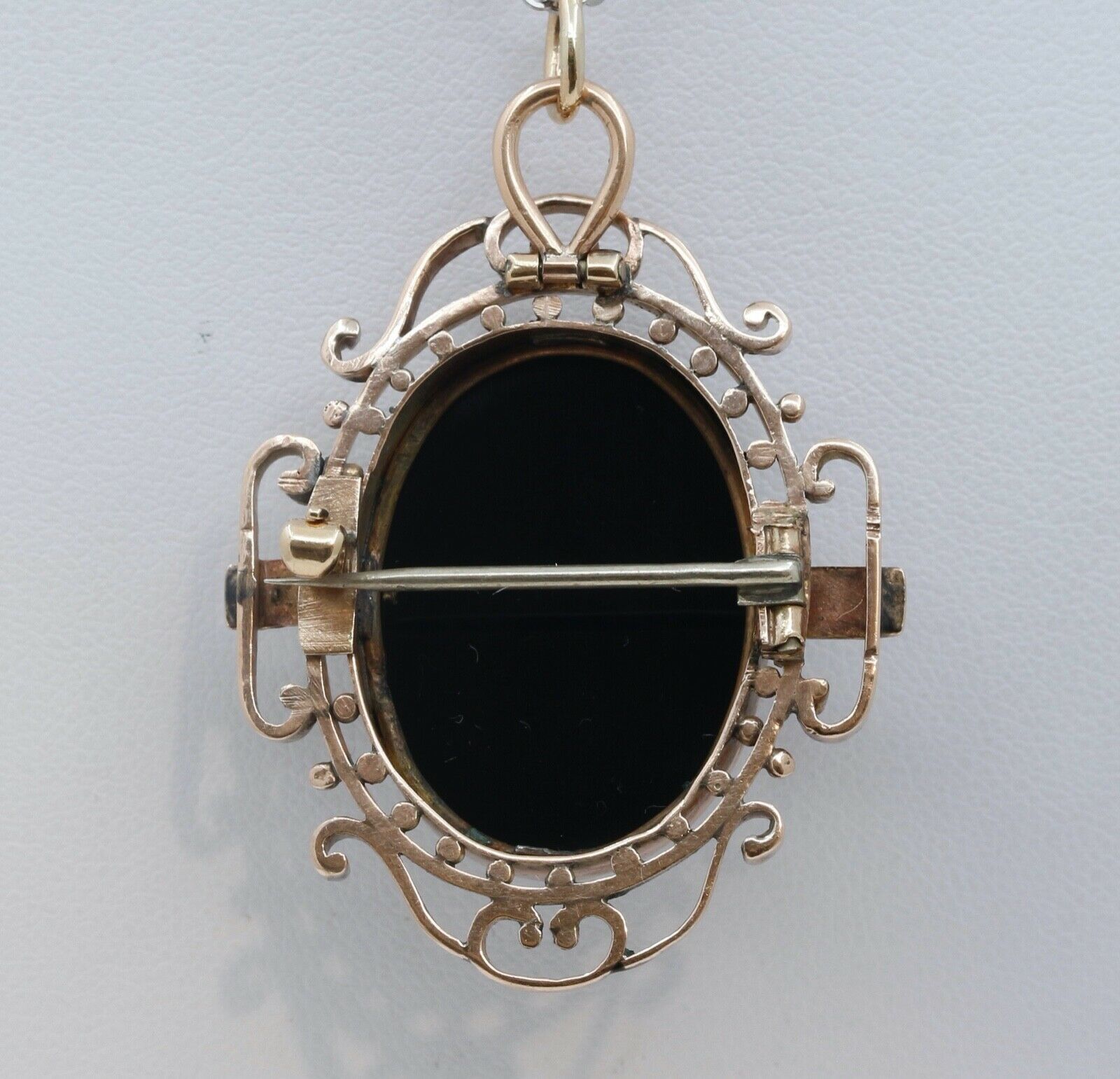 Victorian Cameo 14K Rose Gold Onyx Brooch Pendant Pin