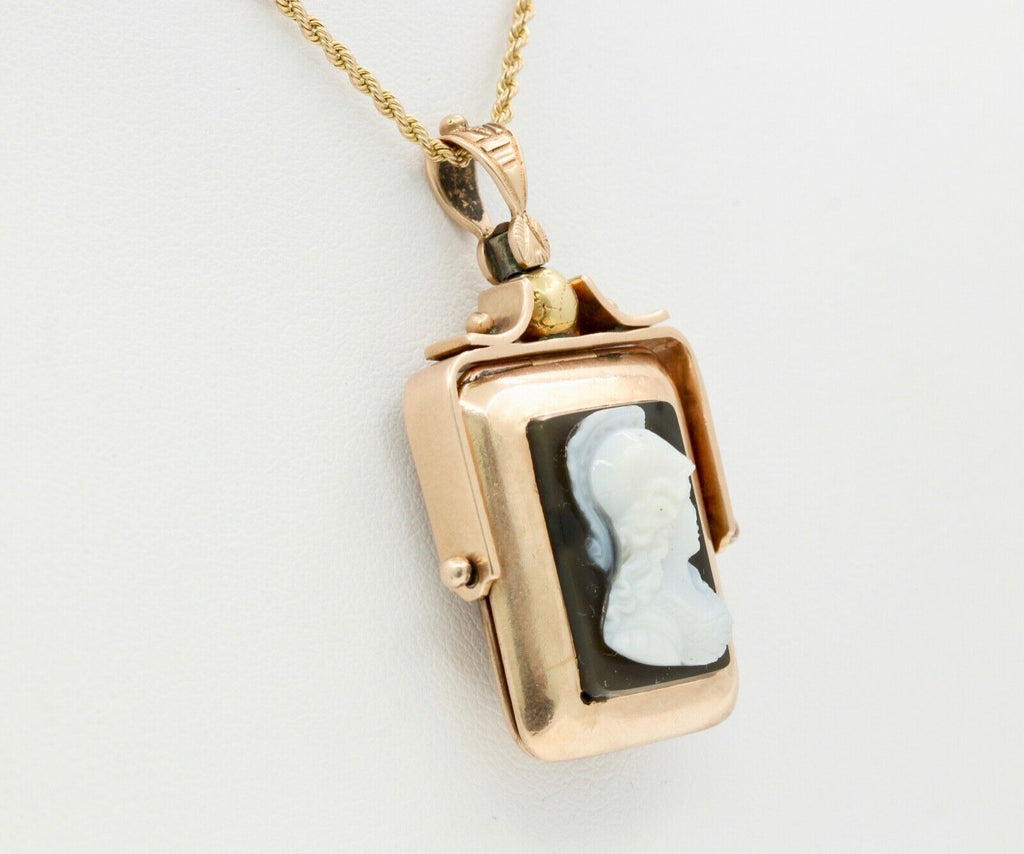 Victorian 10K Gold Onyx Sardonyx Spinning Locket Pendant Chain