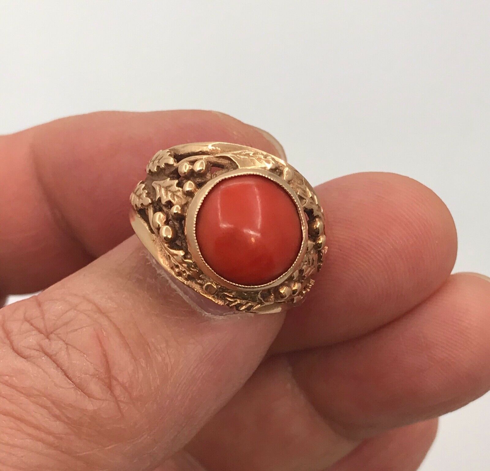 Victorian Edwardian Red Coral 14K Rose Gold Unisex Ring