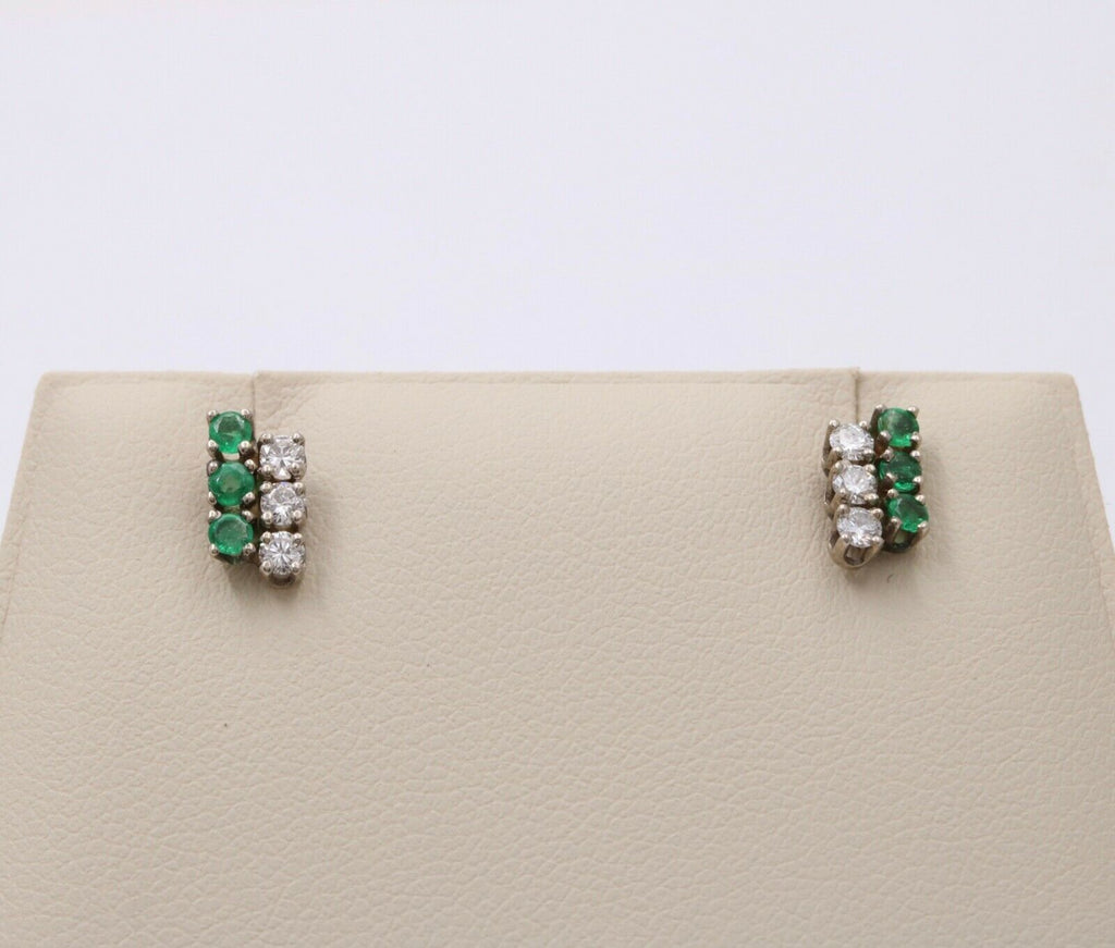Vintage 14K White Gold Diamond & Emerald Cluster Studs Earrings, Push Back Earri