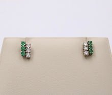 Load image into Gallery viewer, Vintage 14K White Gold Diamond &amp; Emerald Cluster Studs Earrings, Push Back Earri
