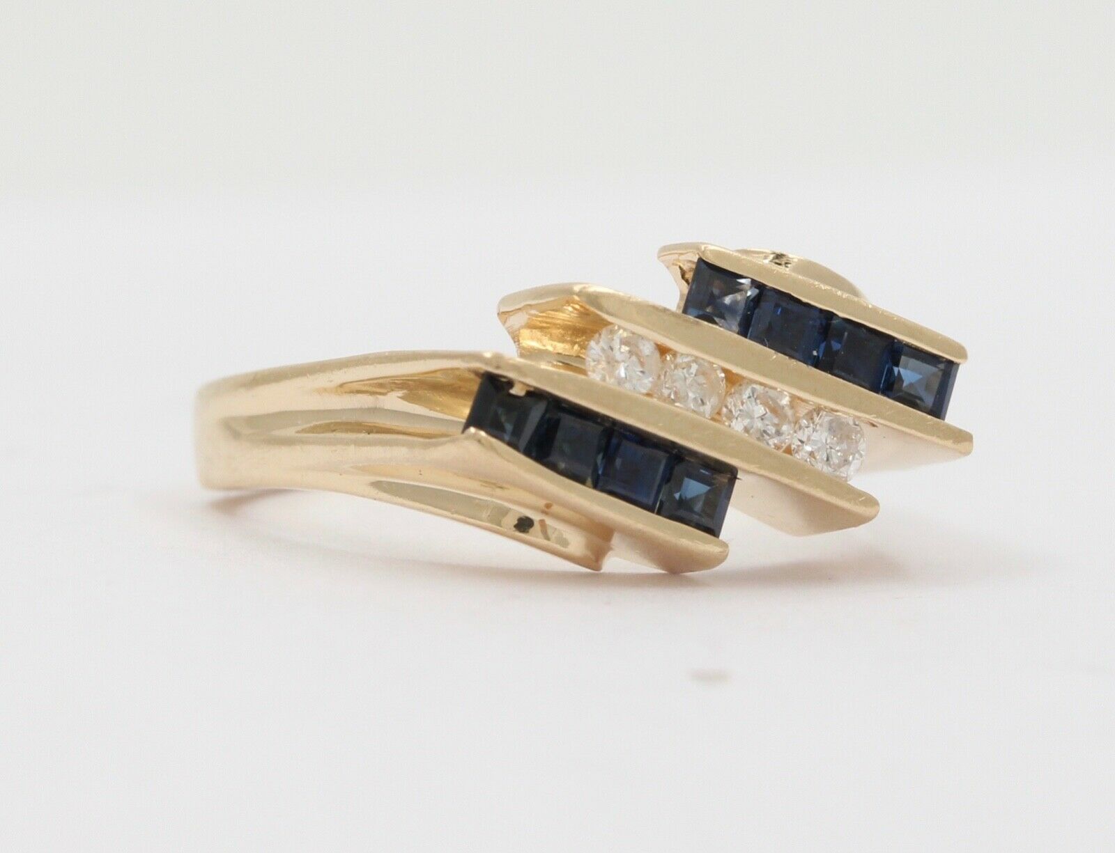 Vintage Geometric Bypass Diamonds Sapphires 14K Yellow Gold Ring