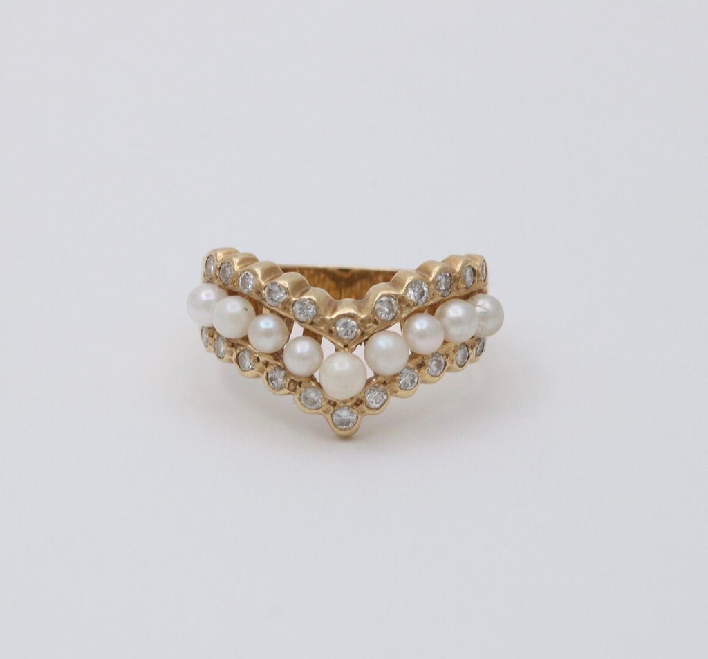 Vintage V Shape 14K Yellow Gold Pearl & Diamond Ring