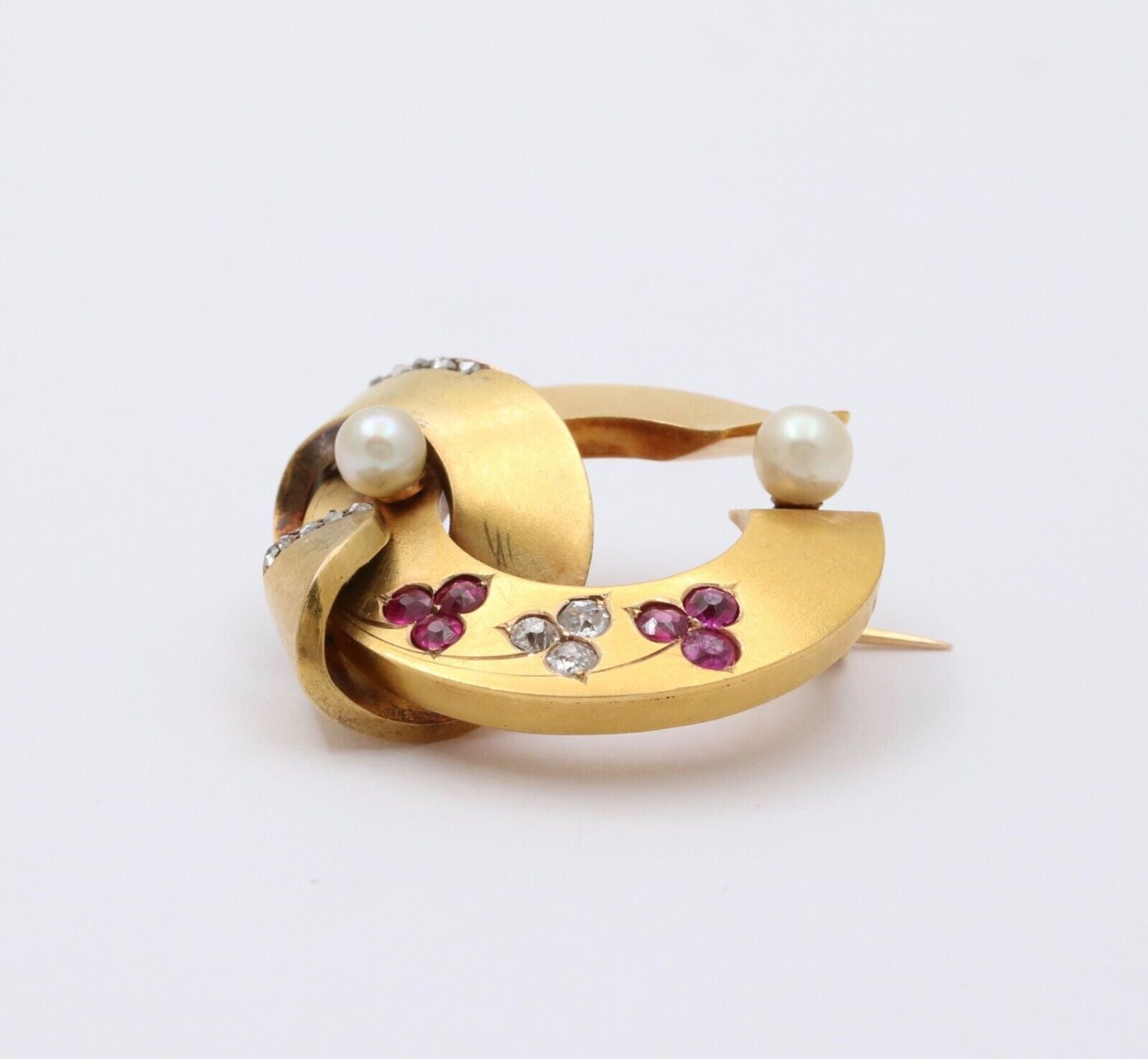 Antique 18K Yellow Gold Diamond Ruby Pearl Ribbon Brooch