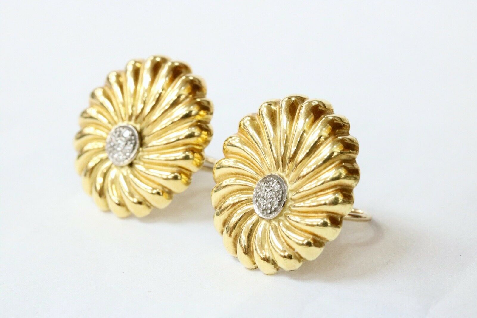 Vintage Diamonds 18K Yellow White Gold Chrysanthemum Flower Earrings
