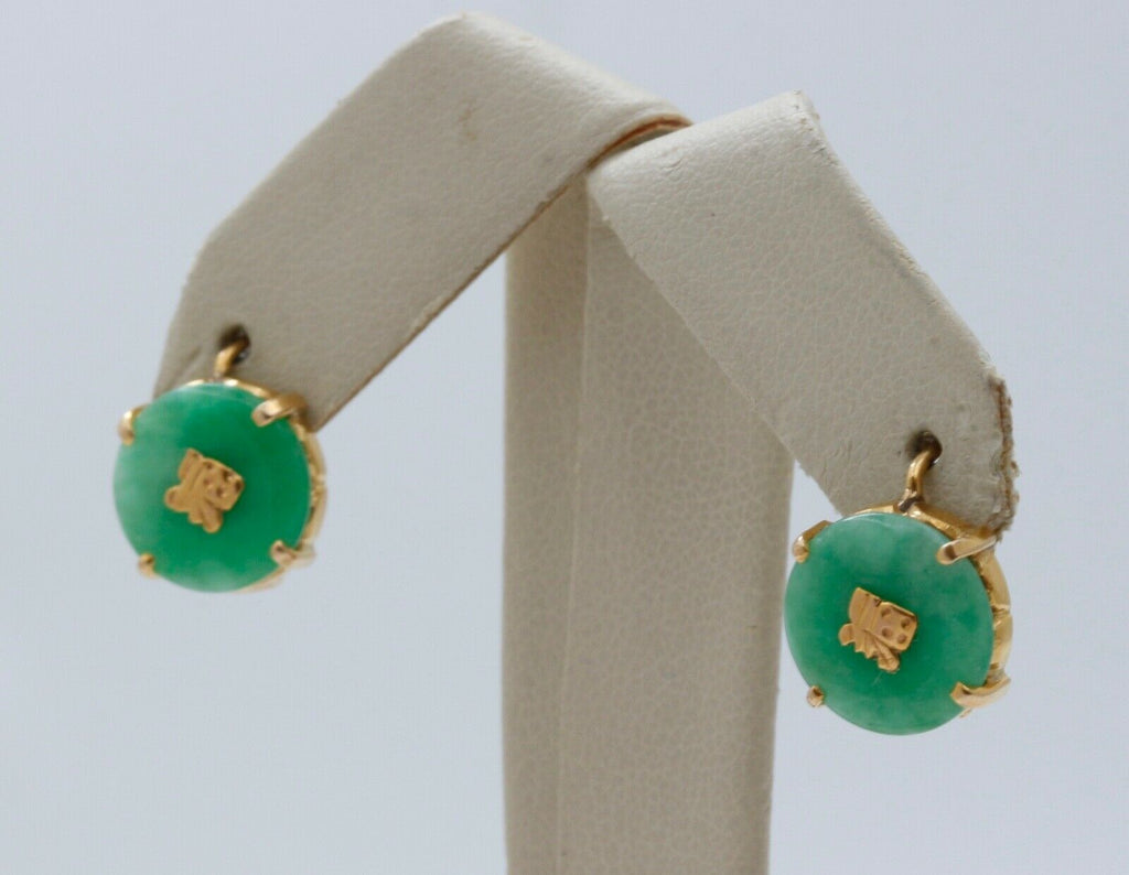 Vintage Good Luck Jade 14K Yellow Gold Earrings