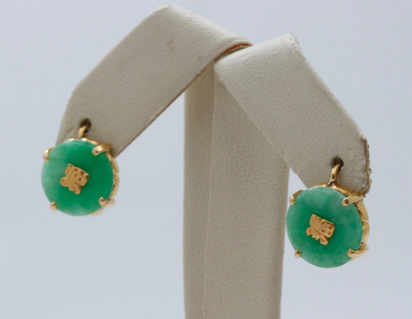 Vintage Good Luck Jade 14K Yellow Gold Earrings