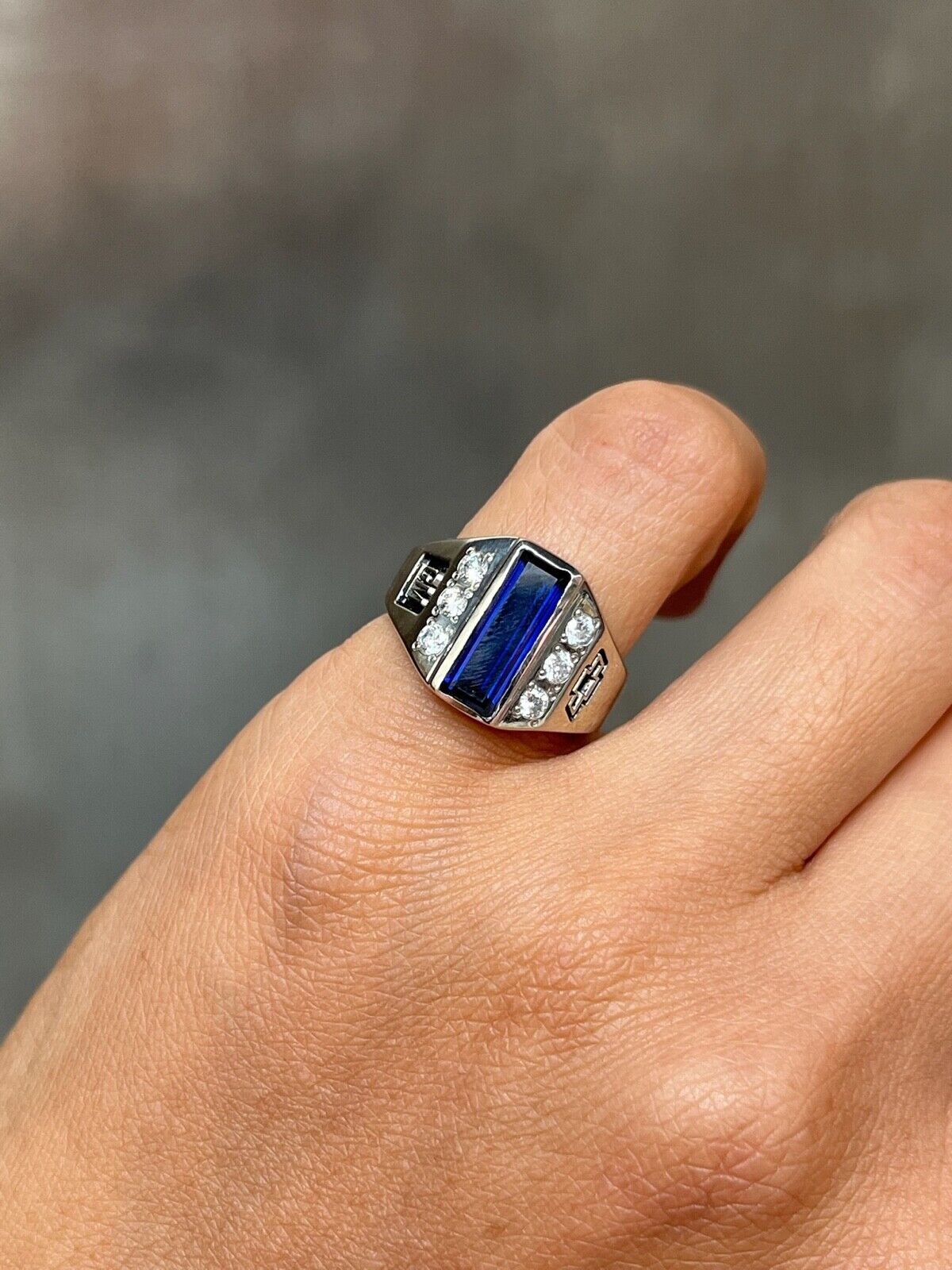 Vintage GM Chevy Bowtie Blue Sapphire Diamonds 10K White Gold Ring