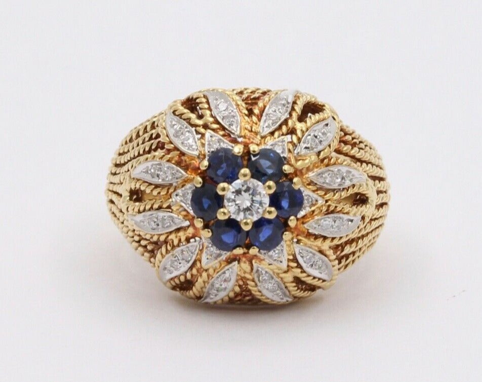 Italian Vintage High Dome Cluster Ring Sapphires Diamonds 18K YG WG Ring