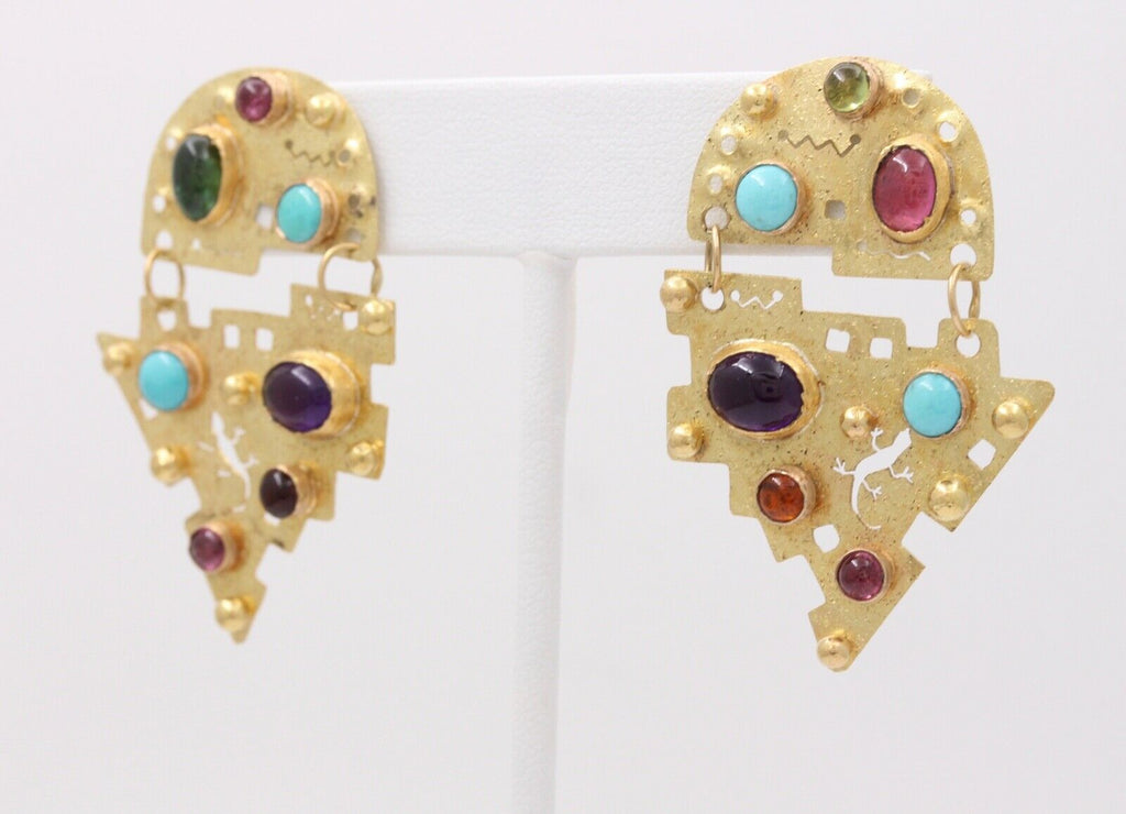Vintage Multi Stone 18K Yellow Gold Earrings Arizona Mexican