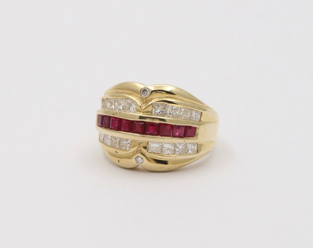 Vintage Chunky Table Cut Rubies Diamonds 14K Yellow Gold Ring