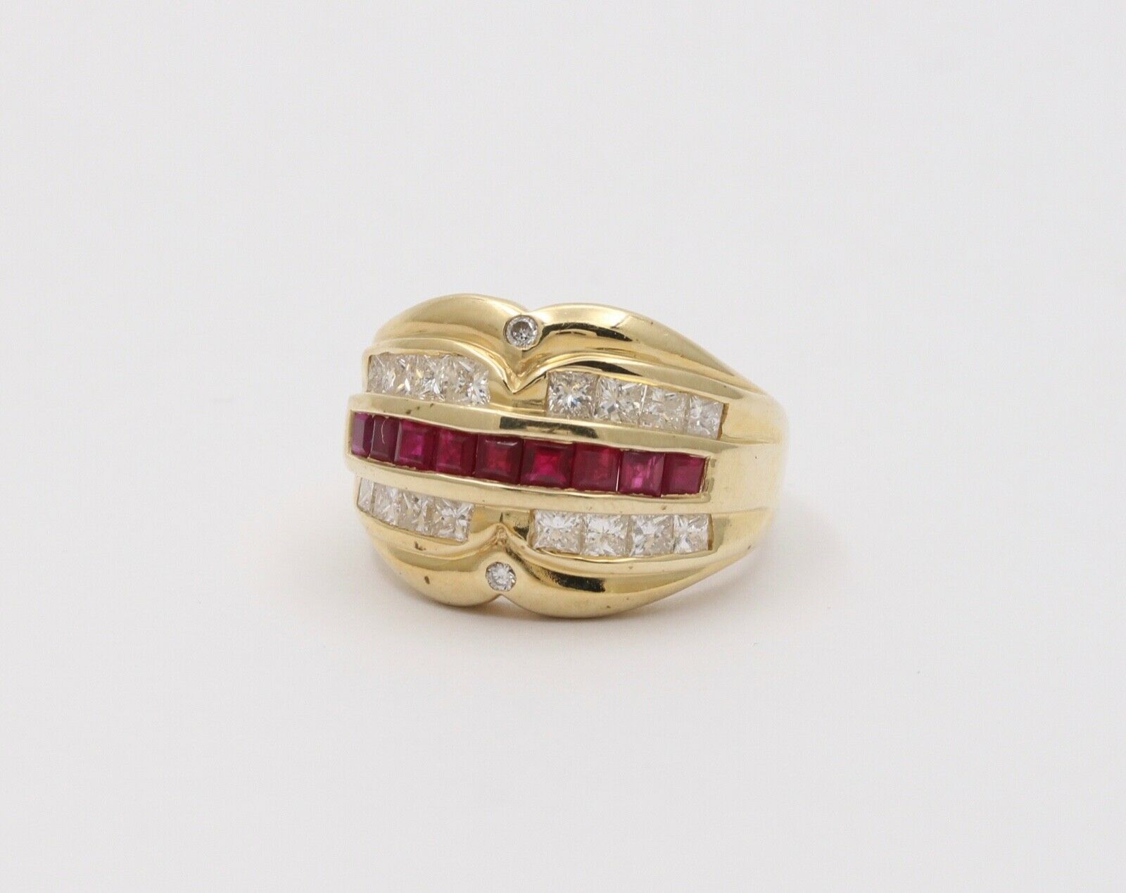 Vintage Chunky Table Cut Rubies Diamonds 14K Yellow Gold Ring