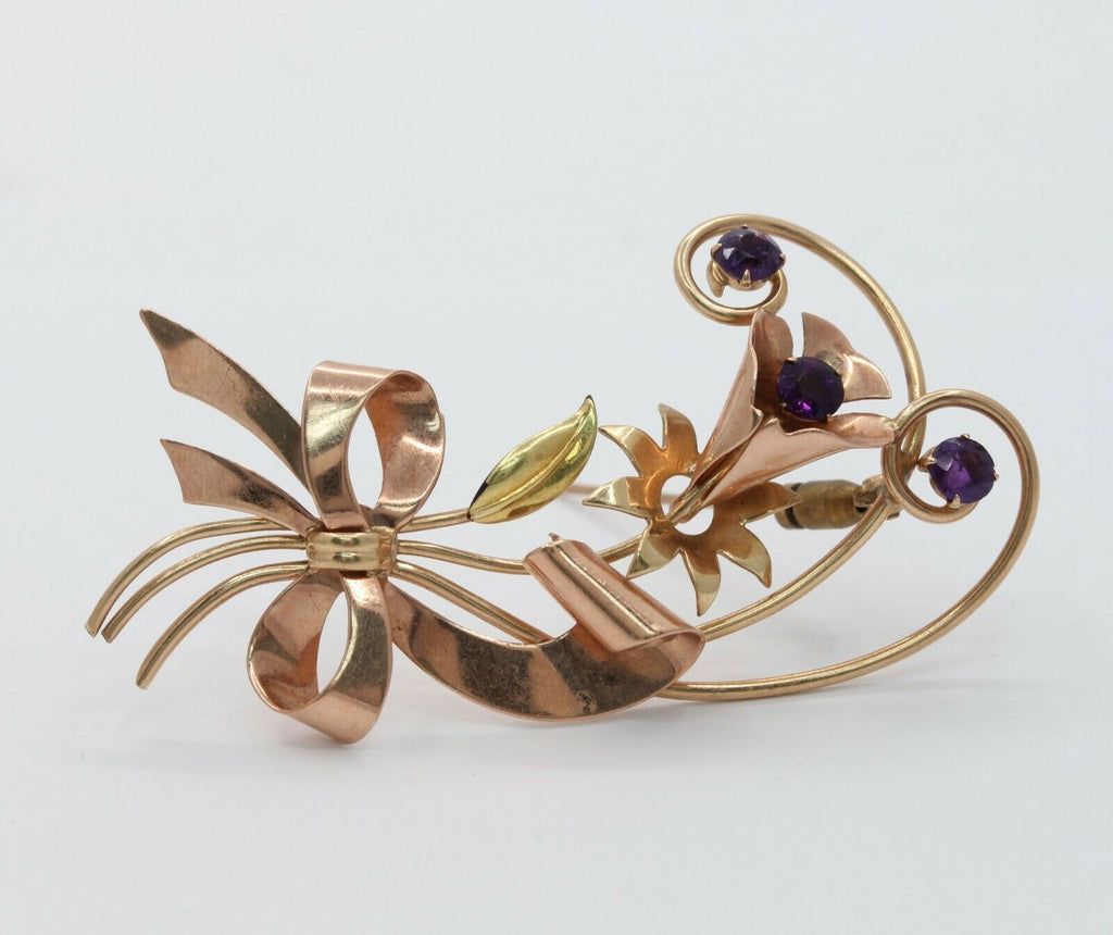 Retro 10K Rose & Yellow Gold Floral Amethyst Brooch