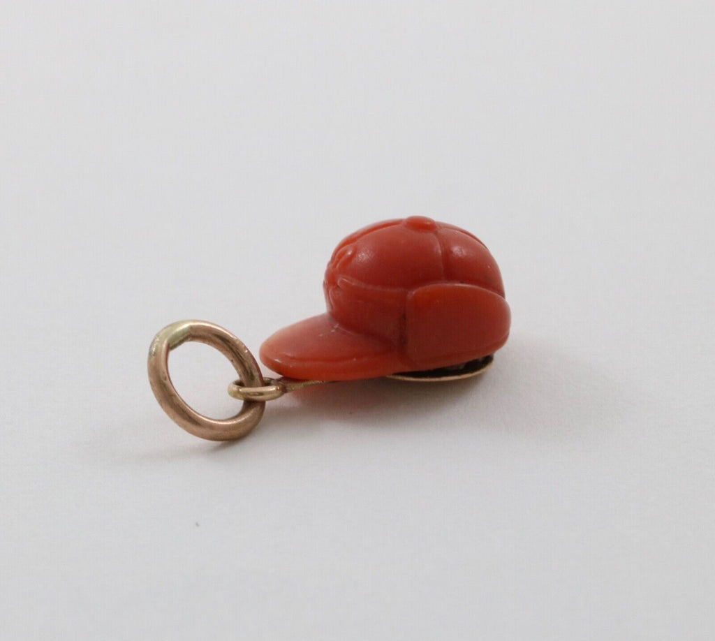 Antique 14K Rose gold Carved Coral Helmet / Cap Charm Pendant