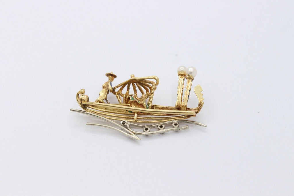 Vintage 18K Yellow Gold Enamel Diamond Boat Brooch