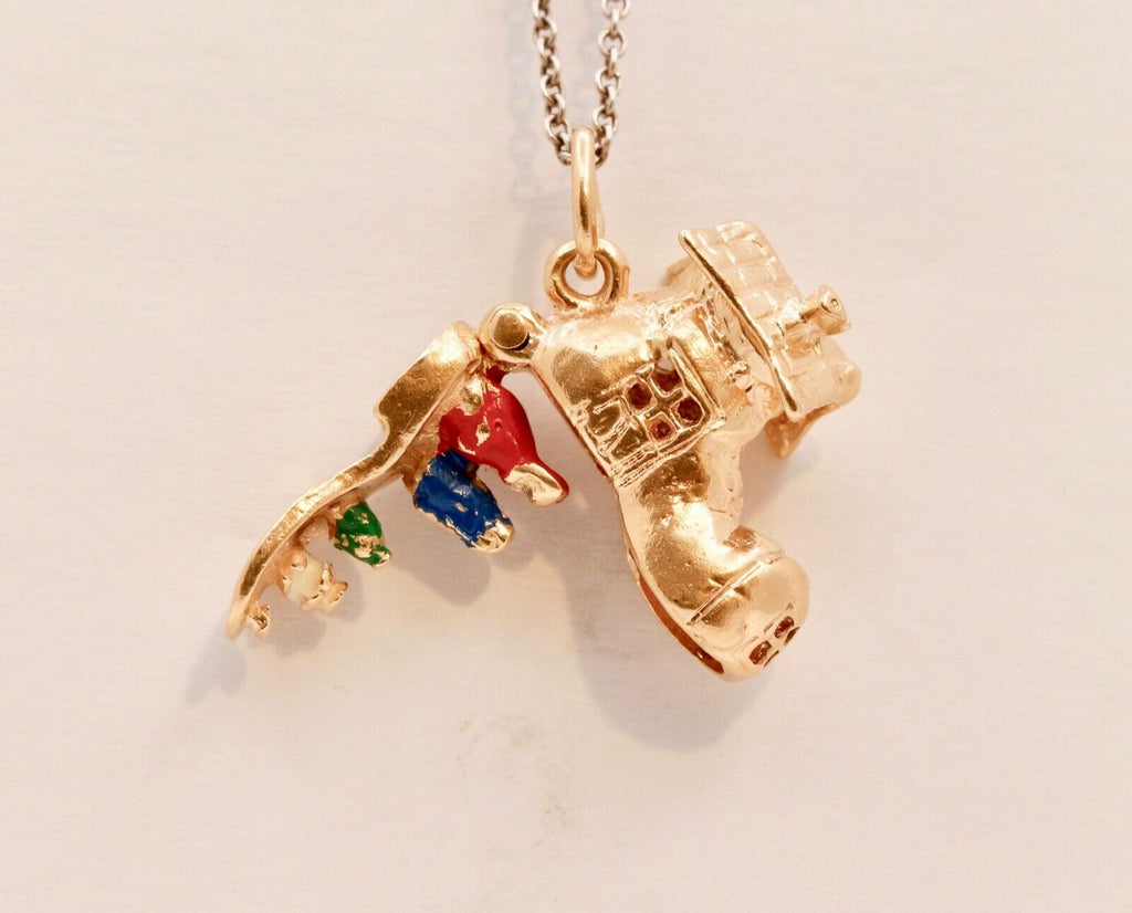Vintage 14K Yellow Gold Movable "There Was An Old Woman" Enamel Pendant Charm