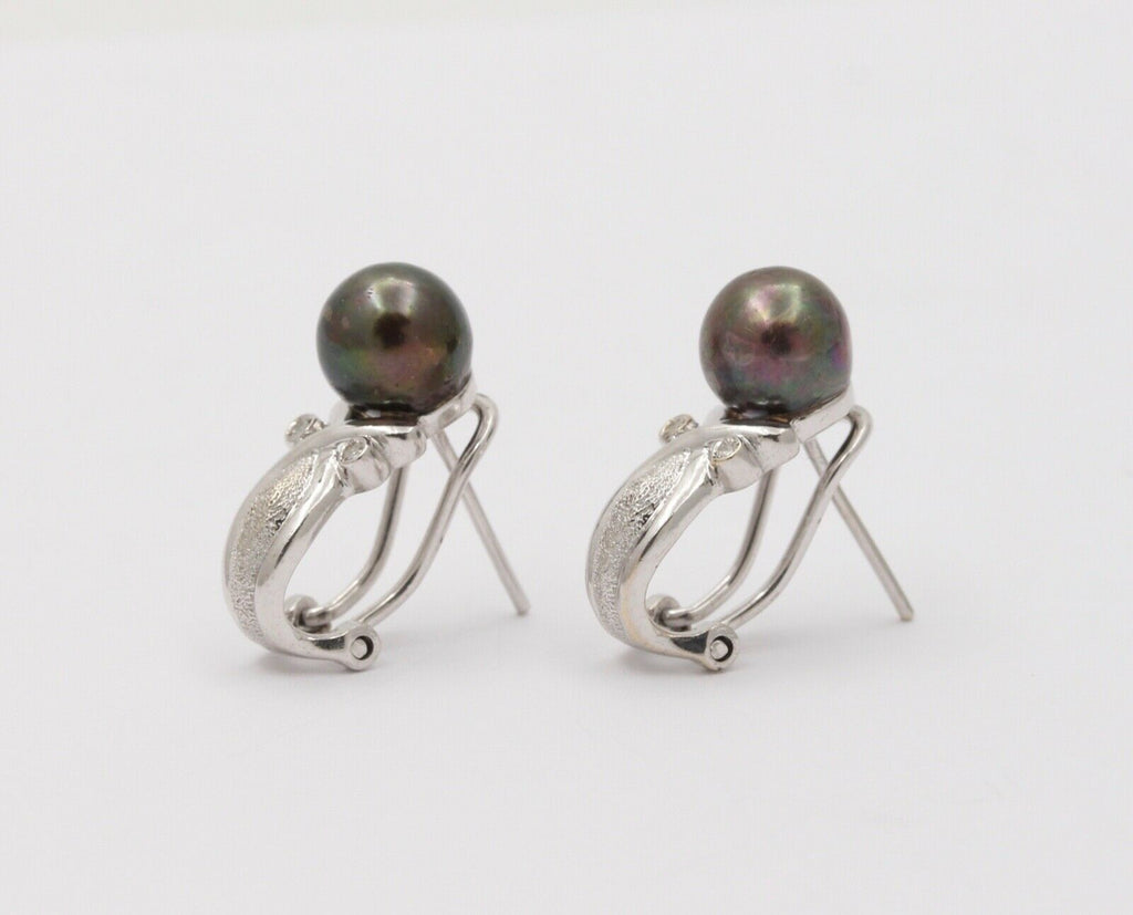 Vintage Tahitian Black Pearls Diamonds 14K White Gold Earrings