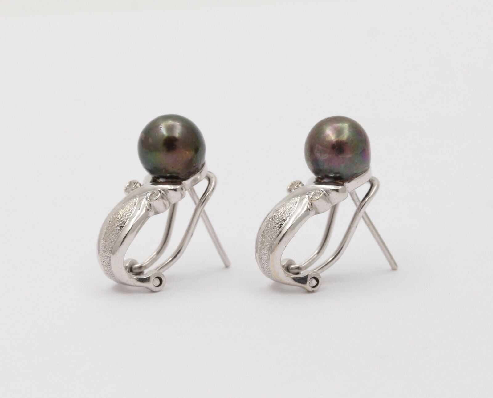 Vintage Tahitian Black Pearls Diamonds 14K White Gold Earrings