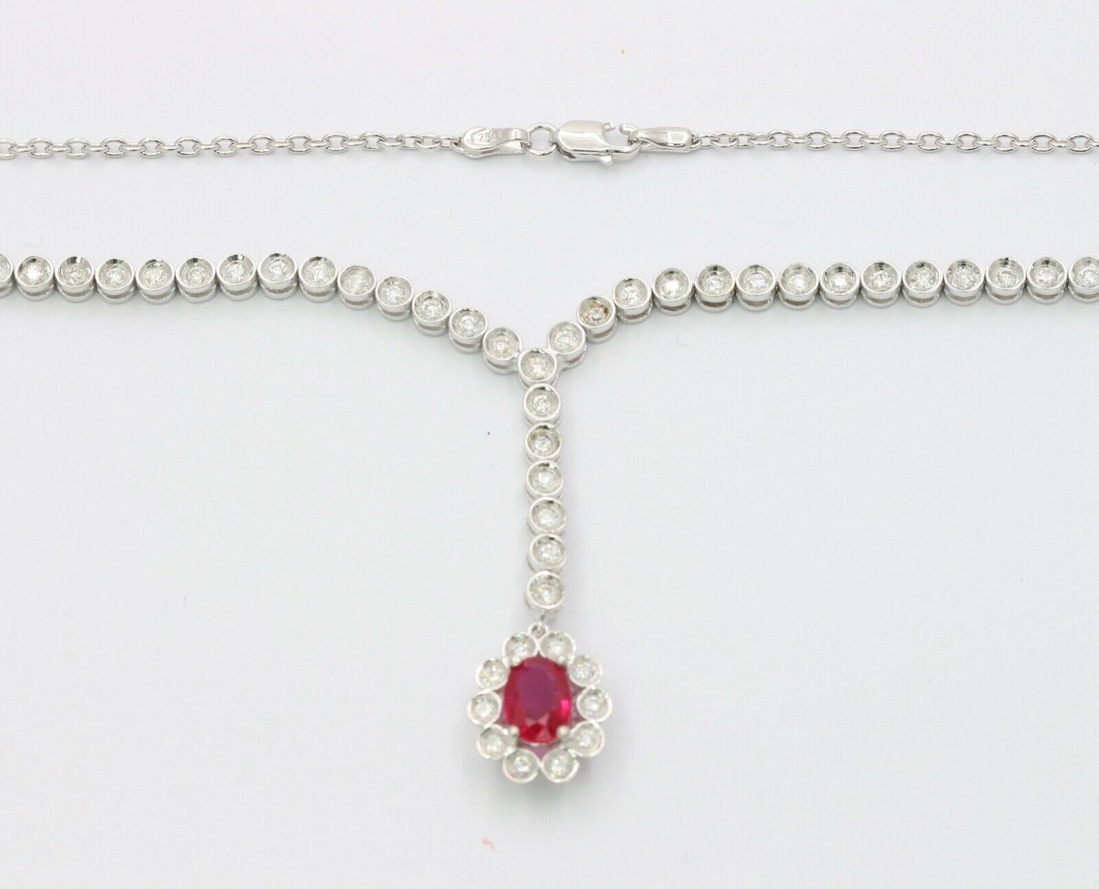 Vintage Ladies Oval Ruby Diamonds 18K White Gold Necklace