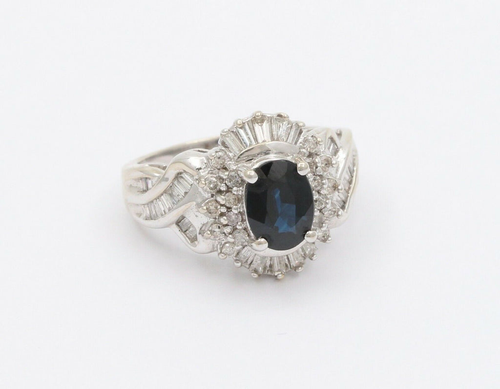 Vintage 14K White Gold Sapphire Diamond Alternative Engagement Ring