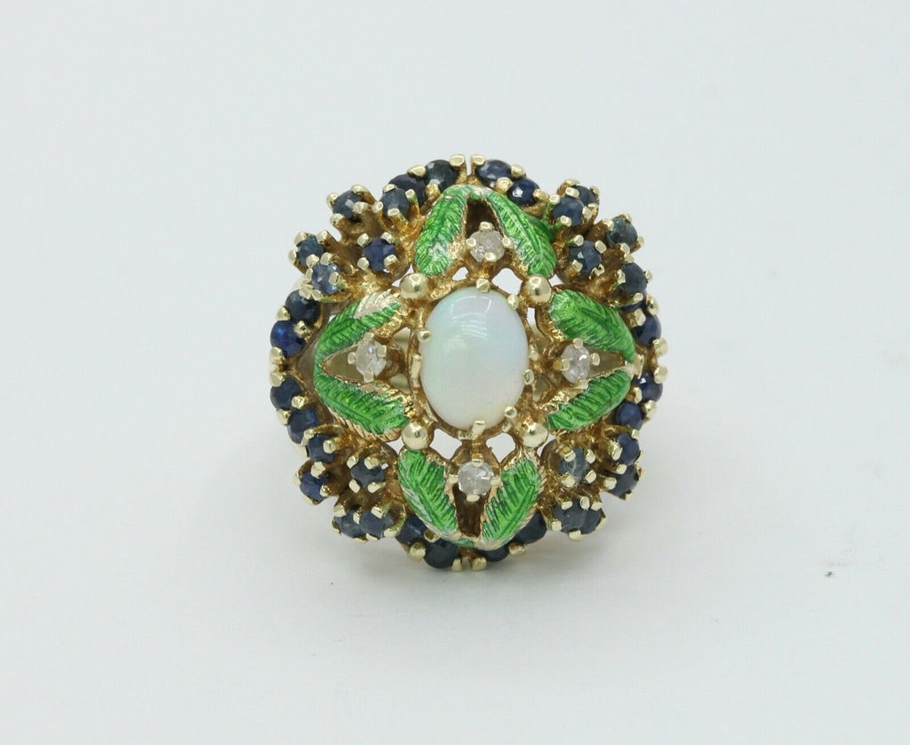 Vintage Cluster Ring 14K Yellow Gold Opal Sapphires Diamonds
