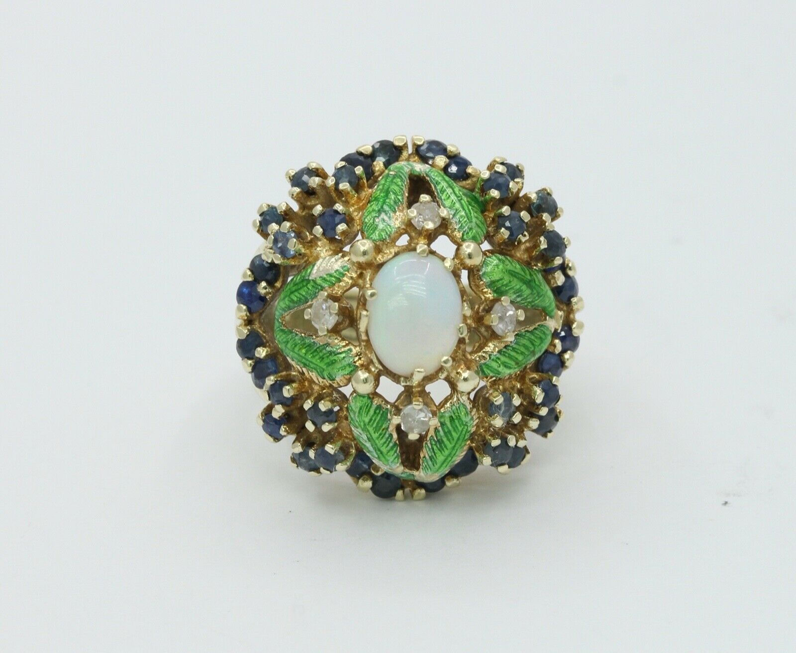 Vintage Cluster Ring 14K Yellow Gold Opal Sapphires Diamonds