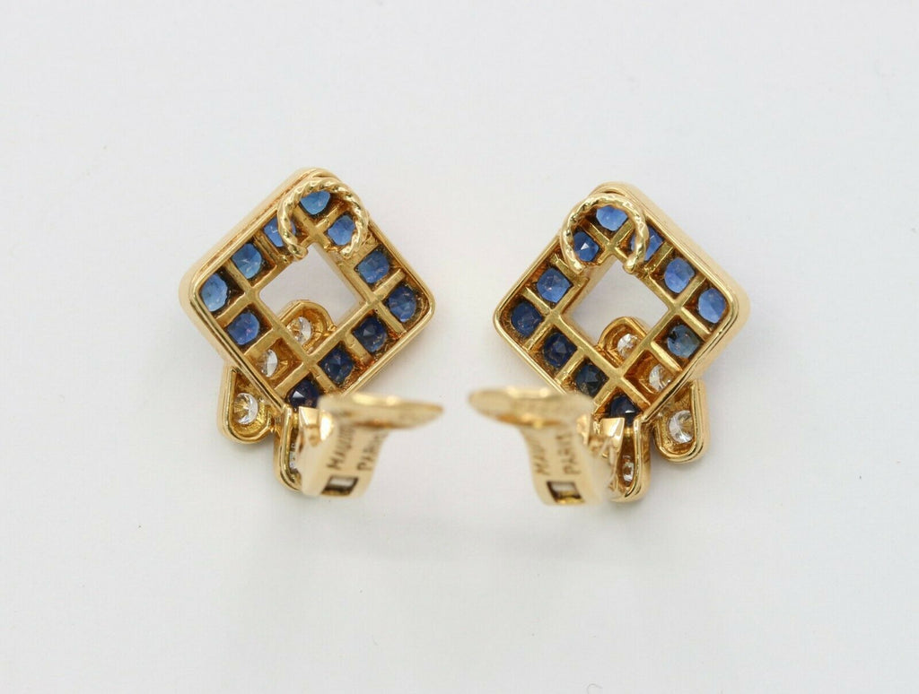 Mauboussin Paris Vintage 18K Yellow Gold Sapphire Diamond Earrings