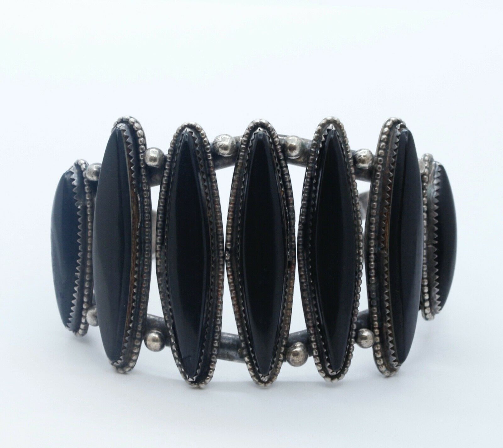 Vintage Silver Cuff Bracelet Beadwork and Black Stones