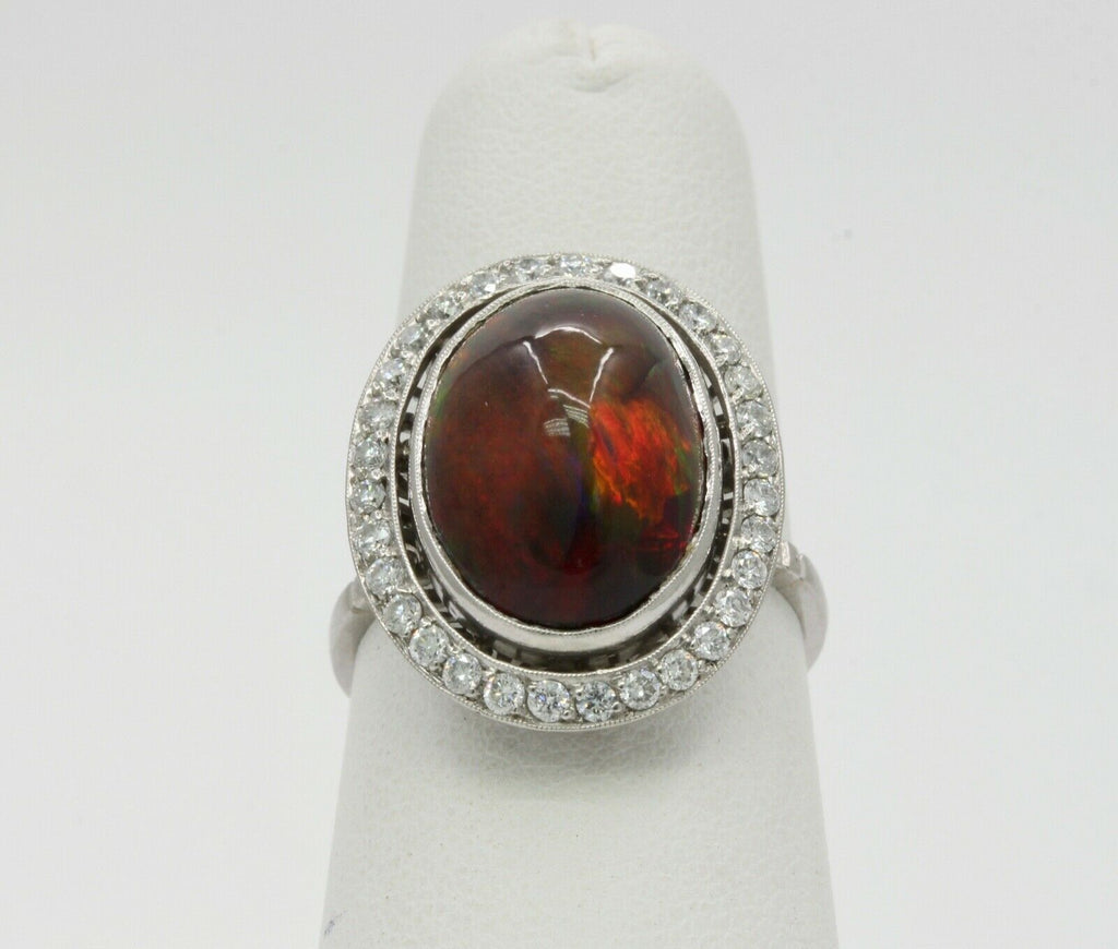 Vintage Ladies Cabochon Opal Diamonds Platinum Ring