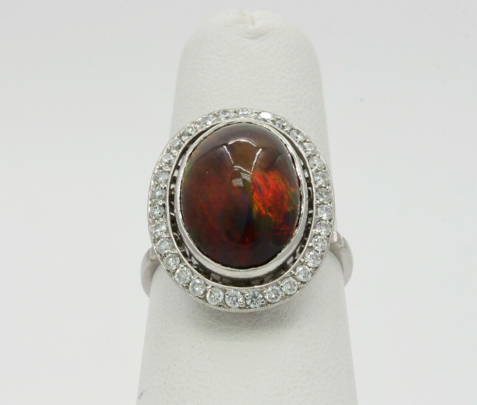 Vintage Ladies Cabochon Opal Diamonds Platinum Ring