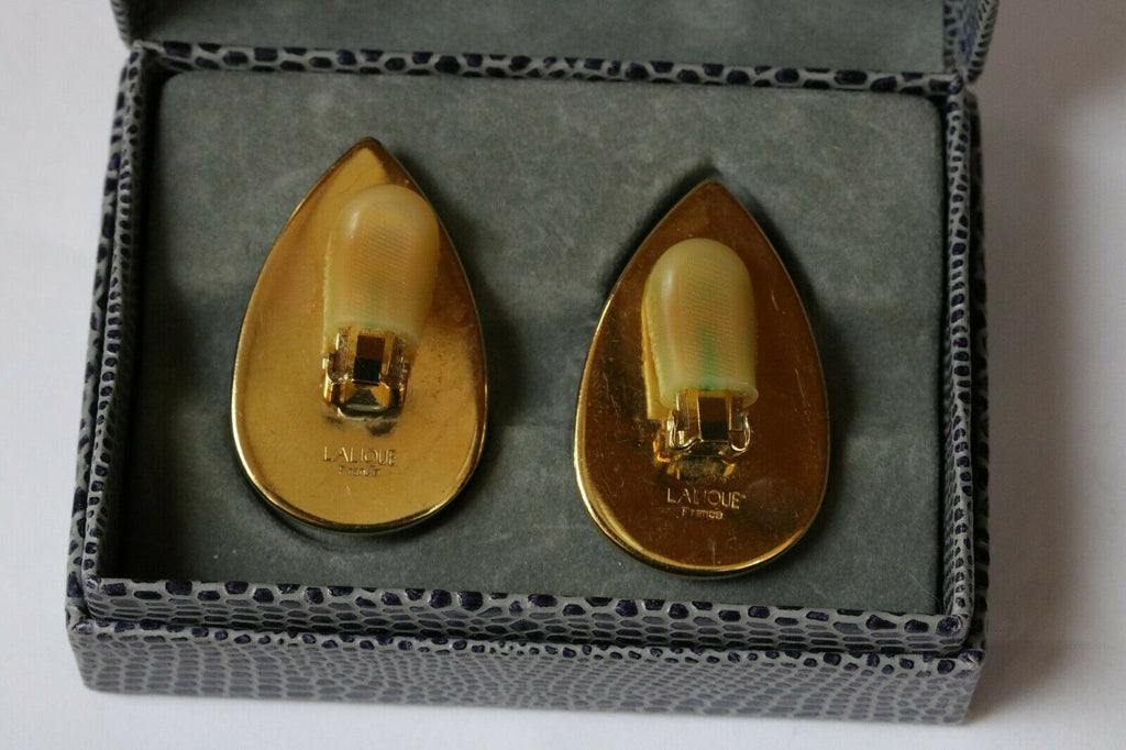 Lalique Carved Leaf Yellow Crystal Clip On Earring