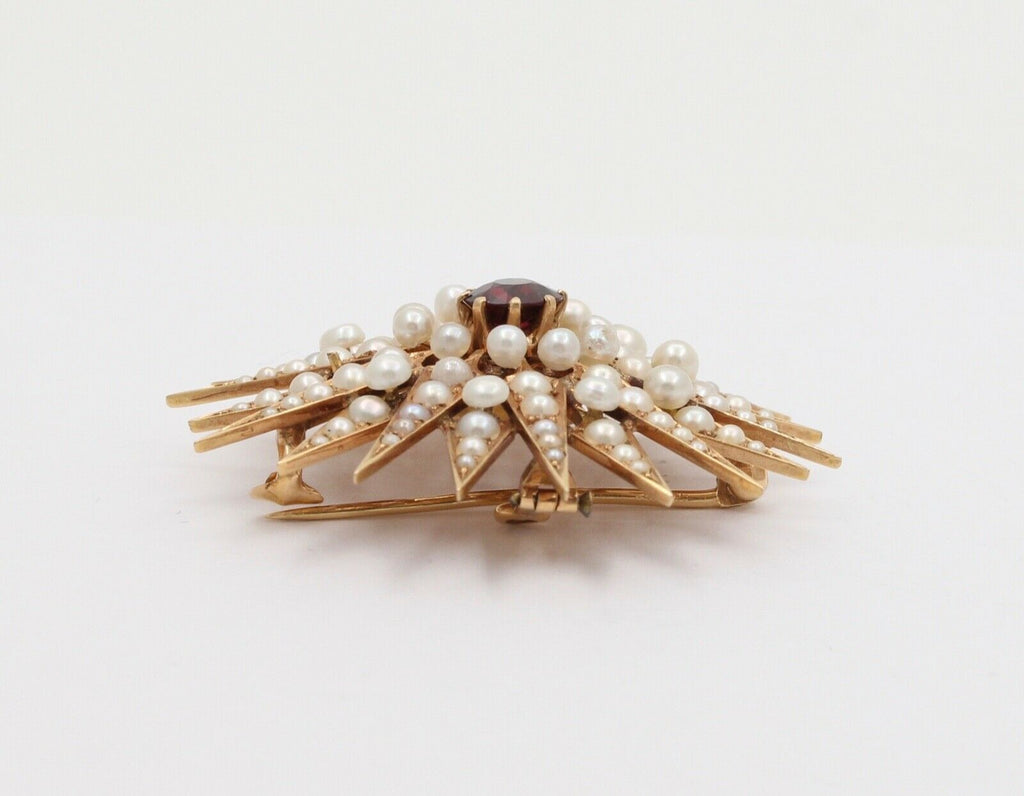 Victorian Starburst 14K Yellow Gold Garnet Seed Pearls Pendant Brooch Pin