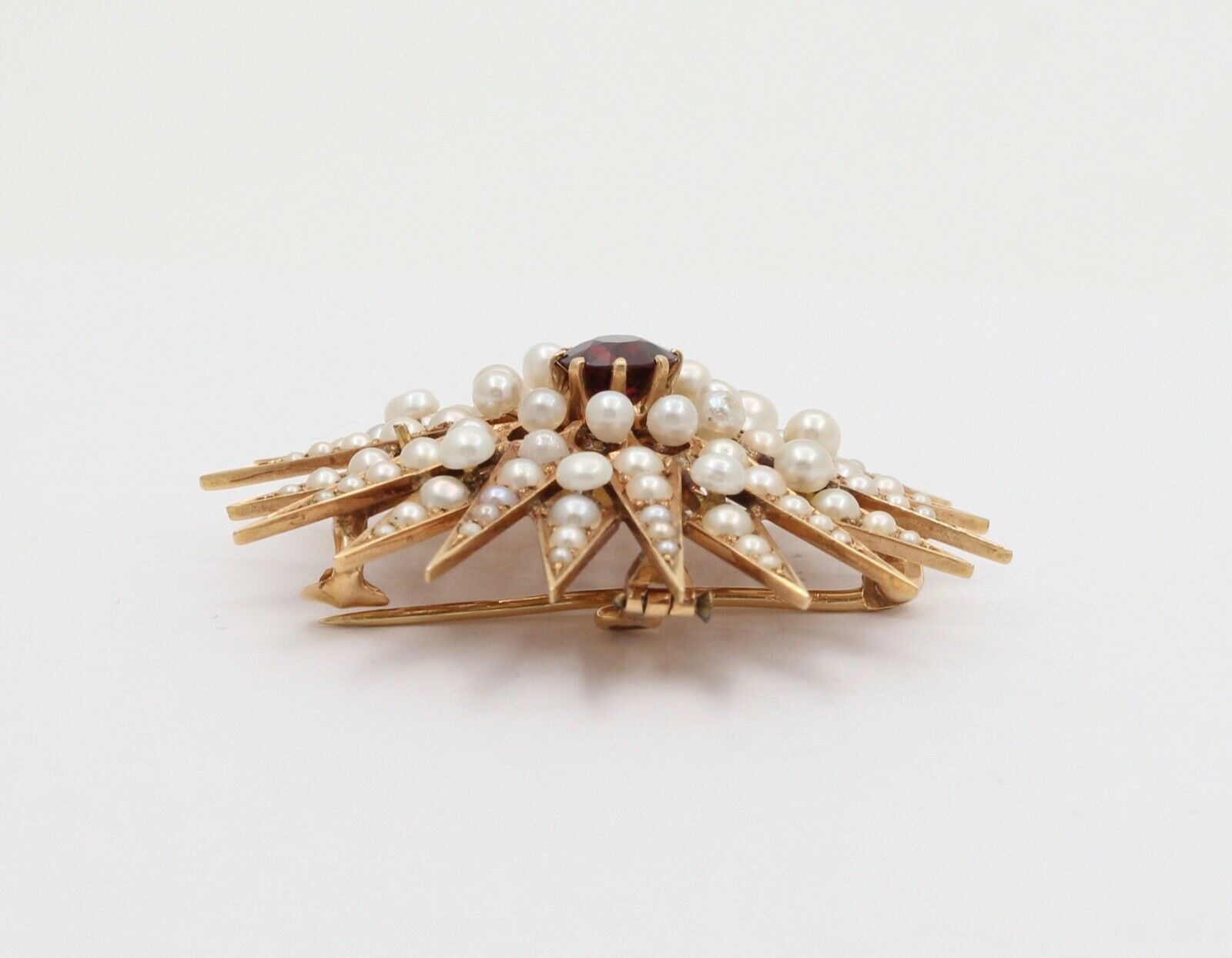 Victorian Starburst 14K Yellow Gold Garnet Seed Pearls Pendant Brooch Pin