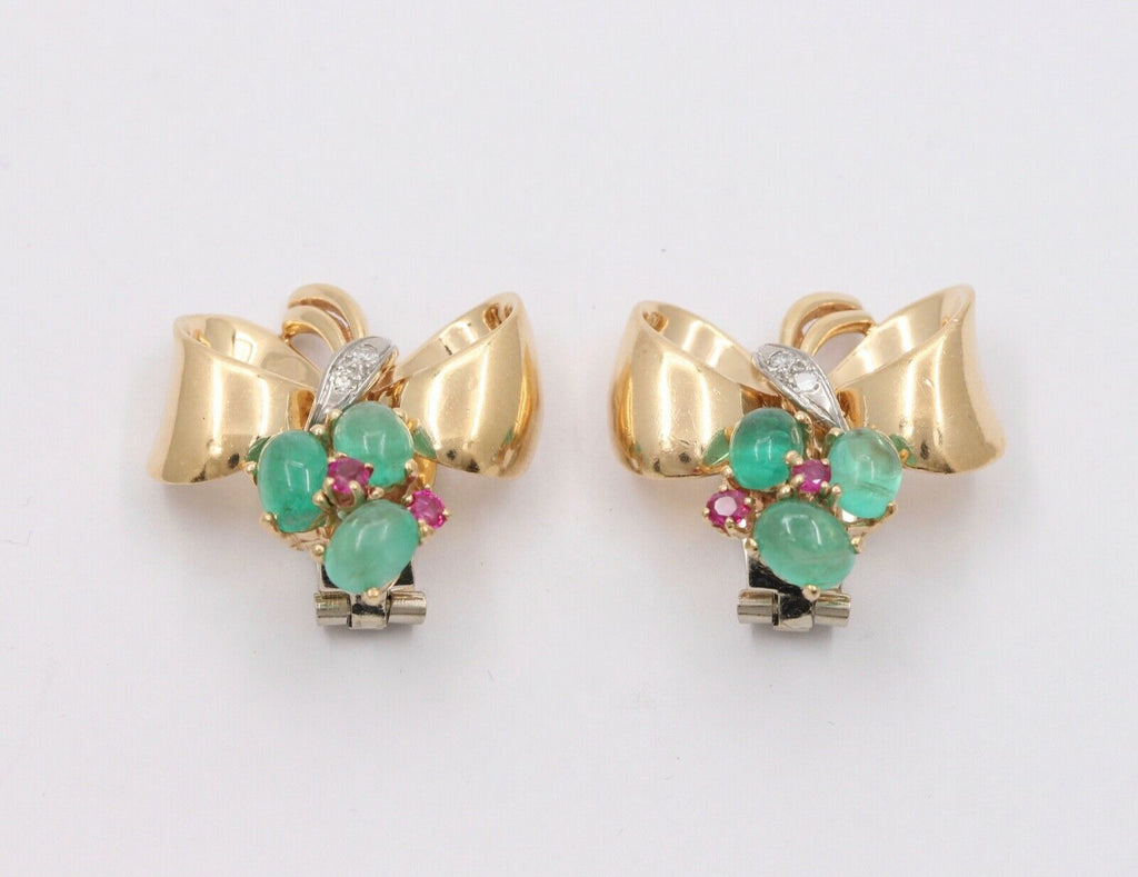 Vintage Bow Emeralds Rubies Diamonds 14K Yellow Gold Earrings