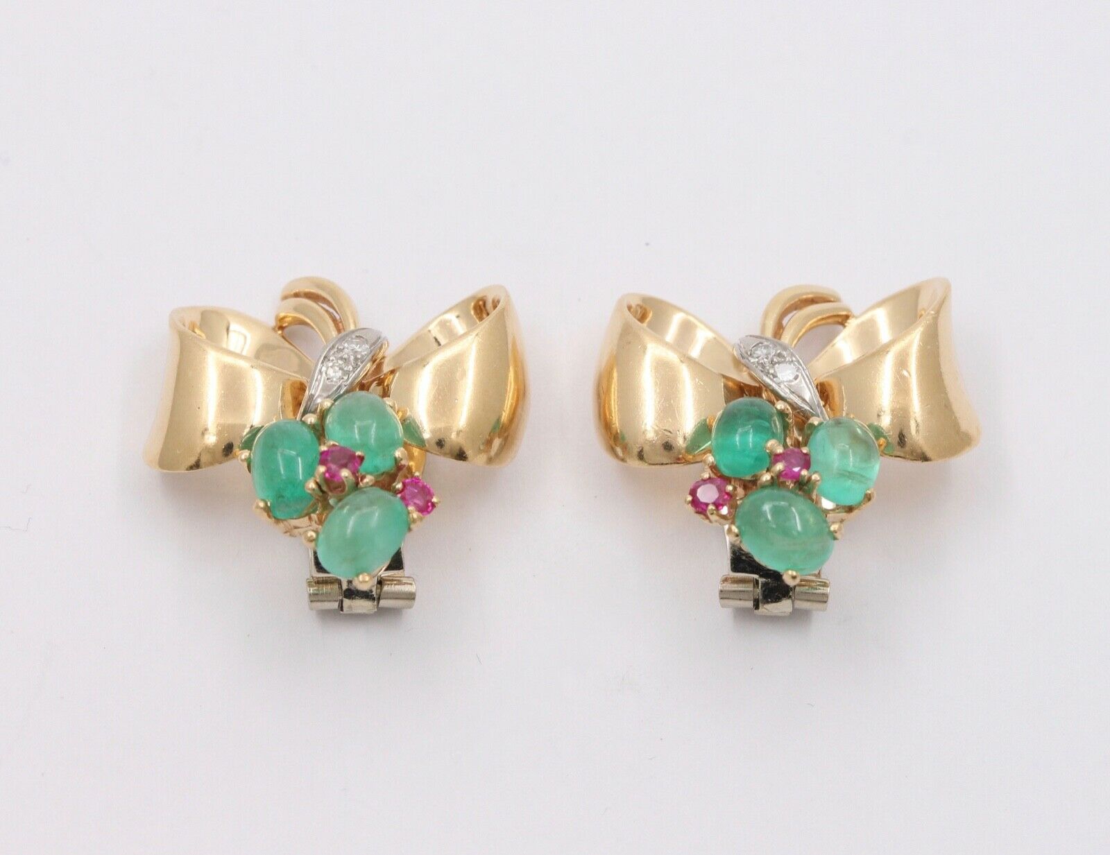 Vintage Bow Emeralds Rubies Diamonds 14K Yellow Gold Earrings