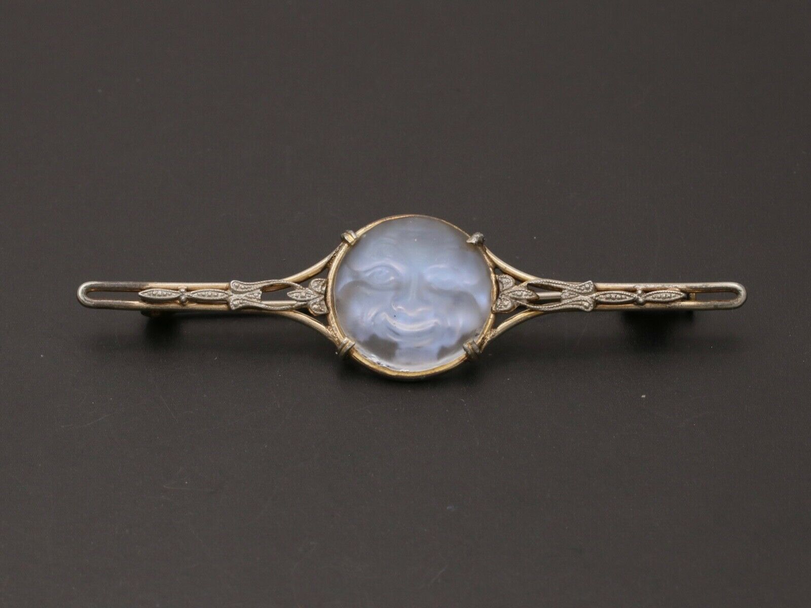 Vintage Man In The Moon Art Glass GF Brooch Pin