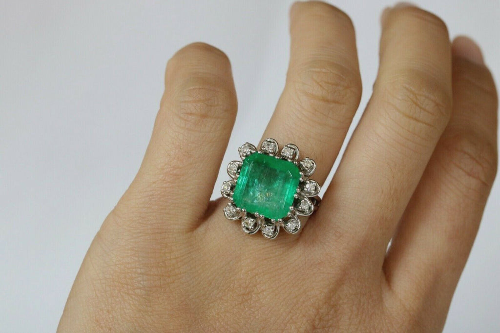 Vintage Emerald Cut Columbian Emerald Diamonds Platinum Ring
