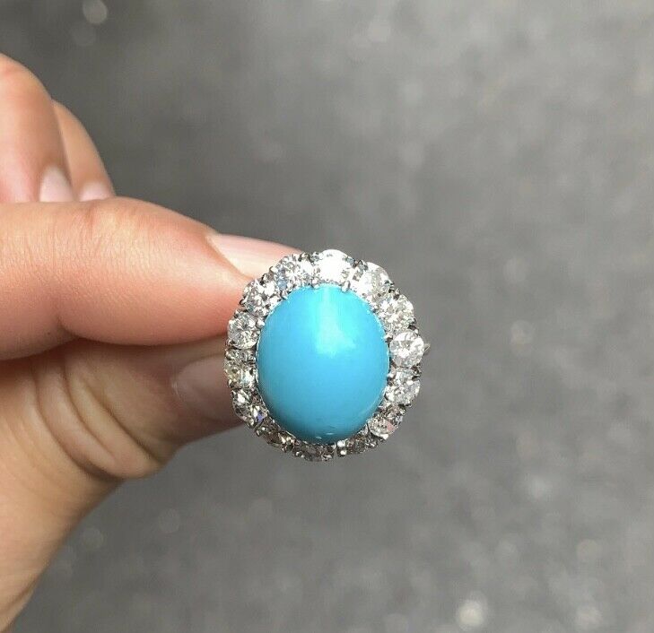 Gorgeous Vintage Persian turquoise Platinum Ring With Diamonds Halo.