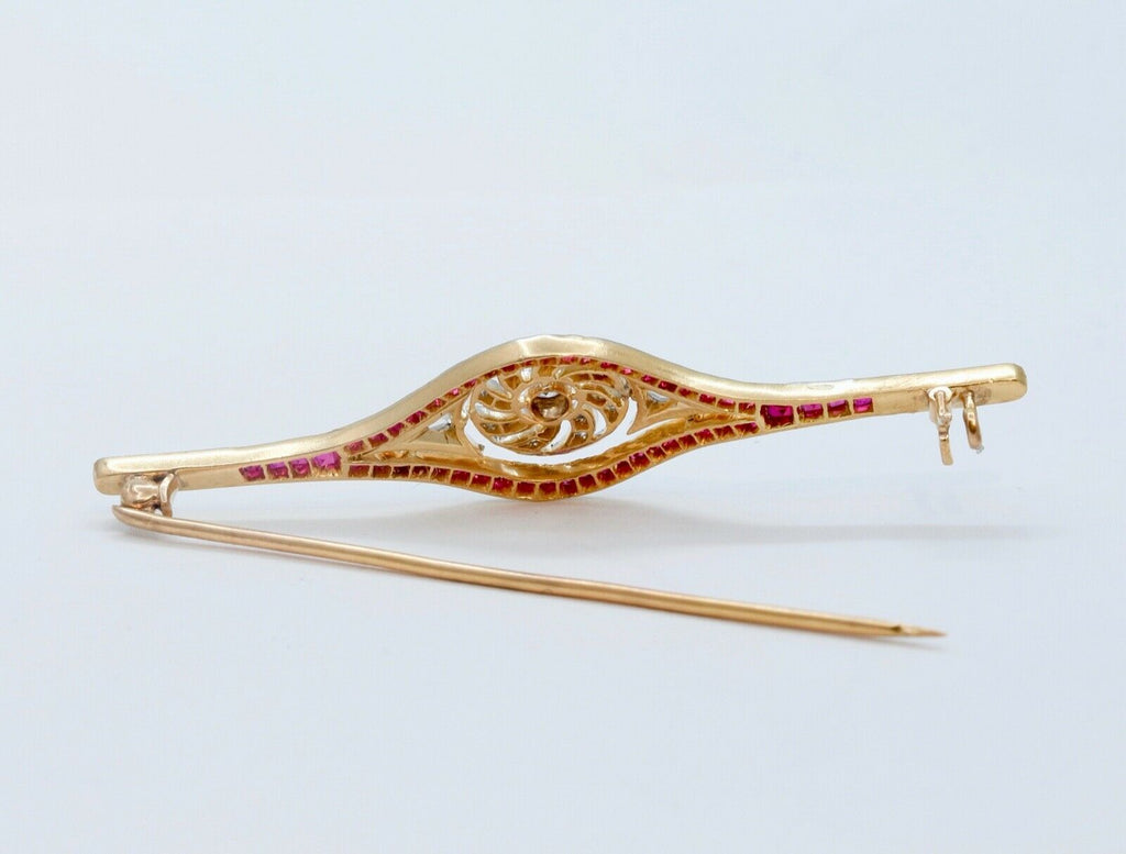 Art Deco Old Minor Rose Cut Diamonds Rubies 18K WG/YG Brooch Pin